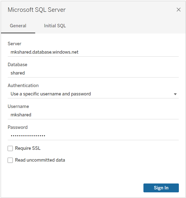 The opening window for Microsoft SQL server.